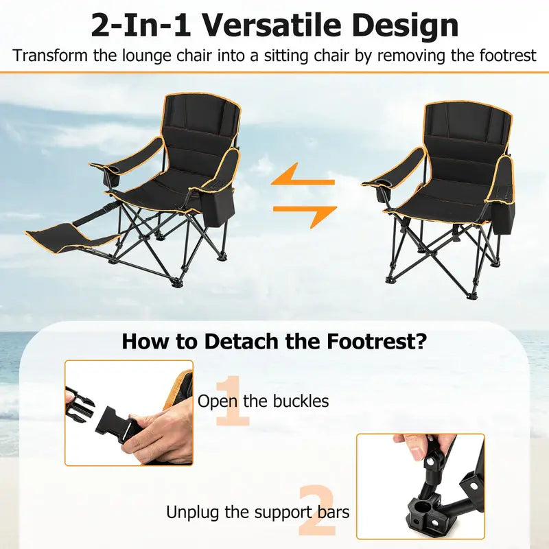 2-in-1 Reclining Camping Chair ¨C Detachable Footrest. 5-Position Back Support & Built-In Cup Holder