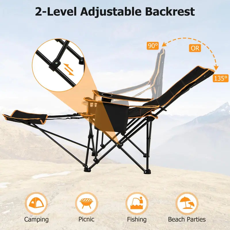 2-in-1 Reclining Camping Chair ¨C Detachable Footrest. 5-Position Back Support & Built-In Cup Holder
