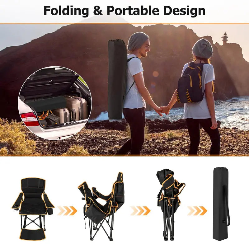 2-in-1 Reclining Camping Chair ¨C Detachable Footrest. 5-Position Back Support & Built-In Cup Holder
