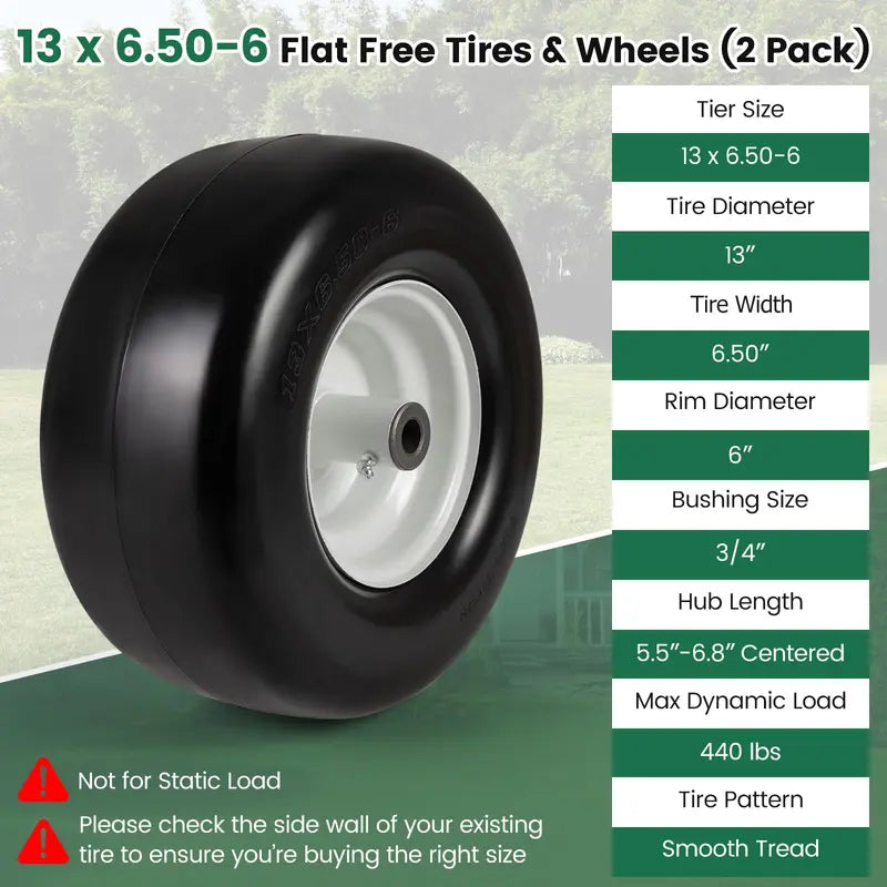 2-Pack 13 x 6.50-6 Flat-Free Tires &amp; Wheels ¨C Maintenance-Free Solid Rubber Design