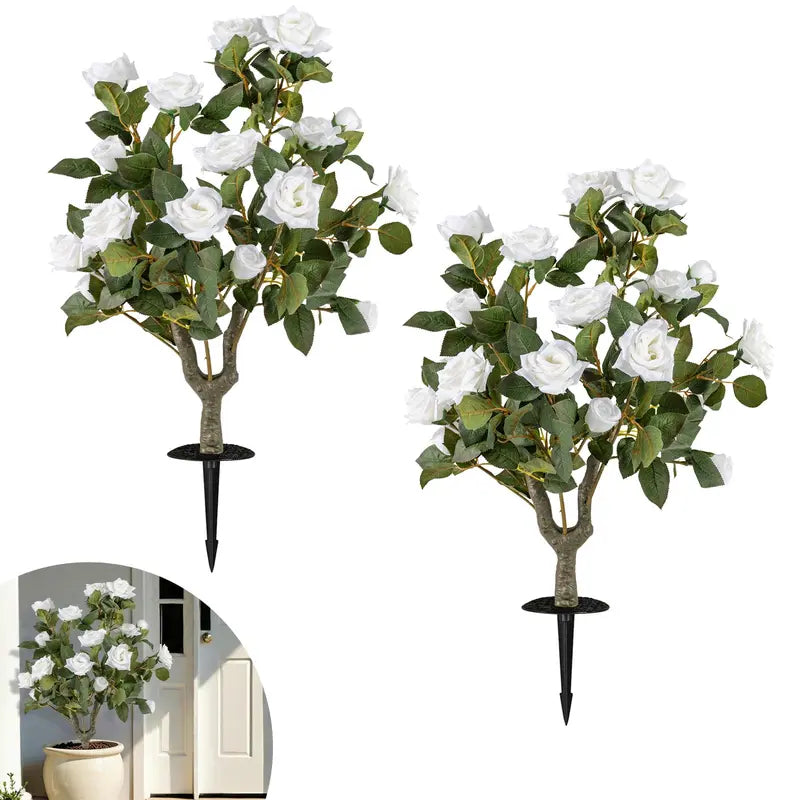 2-Pack Artificial Rose Flower Trees ¨C 31.5-Inch Tall. Ground Spikes. 18 Blooms Each
