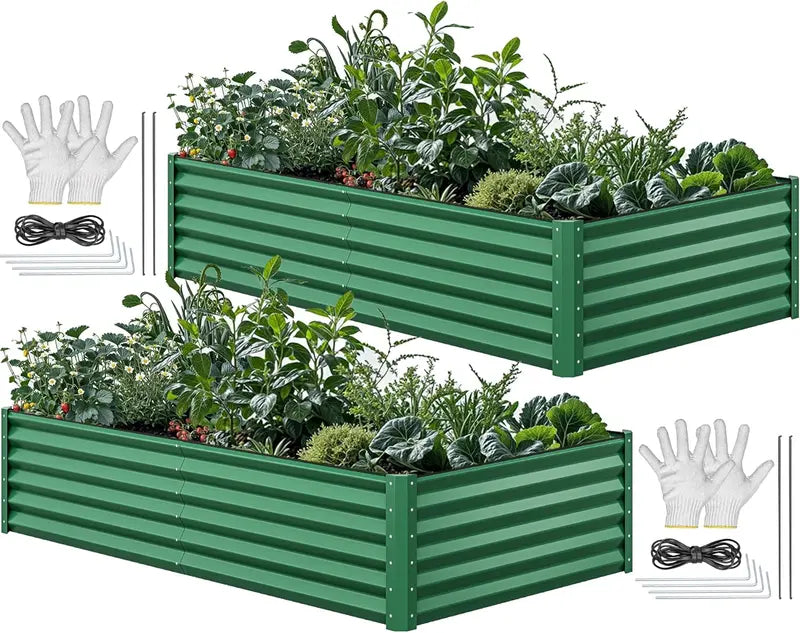 2-Pack Large Galvanized Metal Raised Garden Beds (8¡ä x 4¡ä x 2¡ä) ¨C Includes Gloves. Ground Anchors & Safety Rubber Edging (Green)