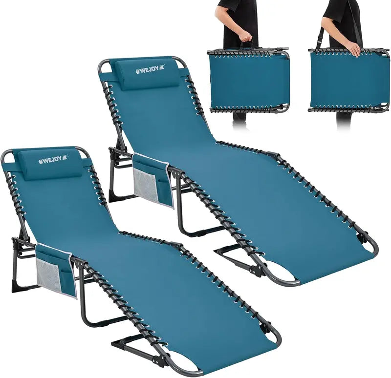 2-Pack Portable Folding Chaise Lounge ¨C 5-Position Recline. Side Table. Shoulder Strap & Pillow for Beach. Lawn or Camping