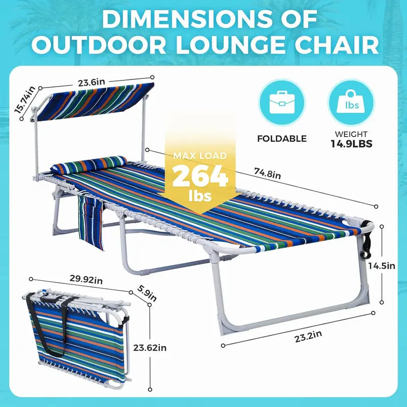 2-Pack Portable Folding Chaise Lounge ¨C 5-Position Recline. Side Table. Shoulder Strap & Pillow for Beach. Lawn or Camping