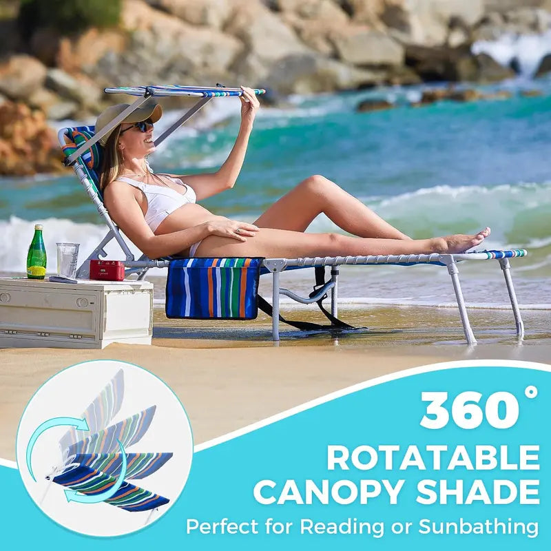 2-Pack Portable Folding Chaise Lounge ¨C 5-Position Recline. Side Table. Shoulder Strap & Pillow for Beach. Lawn or Camping