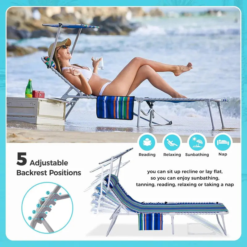 2-Pack Portable Folding Chaise Lounge ¨C 5-Position Recline. Side Table. Shoulder Strap & Pillow for Beach. Lawn or Camping