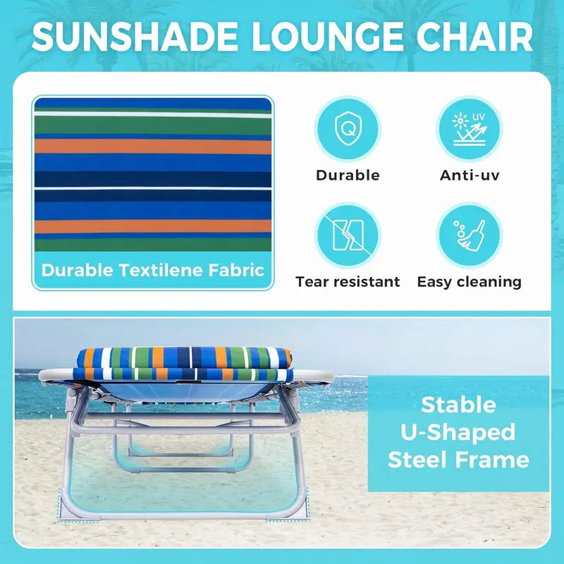 2-Pack Portable Folding Chaise Lounge ¨C 5-Position Recline. Side Table. Shoulder Strap & Pillow for Beach. Lawn or Camping