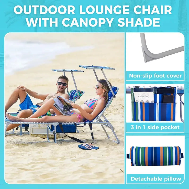 2-Pack Portable Folding Chaise Lounge ¨C 5-Position Recline. Side Table. Shoulder Strap & Pillow for Beach. Lawn or Camping