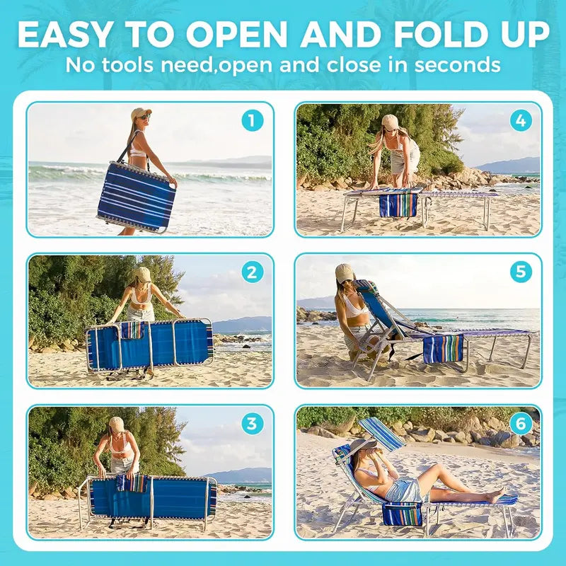 2-Pack Portable Folding Chaise Lounge ¨C 5-Position Recline. Side Table. Shoulder Strap & Pillow for Beach. Lawn or Camping