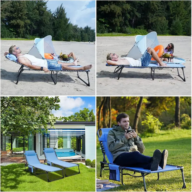 2-Pack Portable Folding Chaise Lounge ¨C 5-Position Recline. Side Table. Shoulder Strap & Pillow for Beach. Lawn or Camping