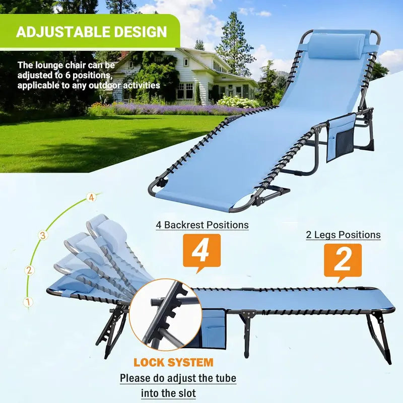 2-Pack Portable Folding Chaise Lounge ¨C 5-Position Recline. Side Table. Shoulder Strap & Pillow for Beach. Lawn or Camping