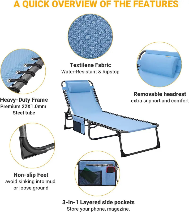2-Pack Portable Folding Chaise Lounge ¨C 5-Position Recline. Side Table. Shoulder Strap & Pillow for Beach. Lawn or Camping