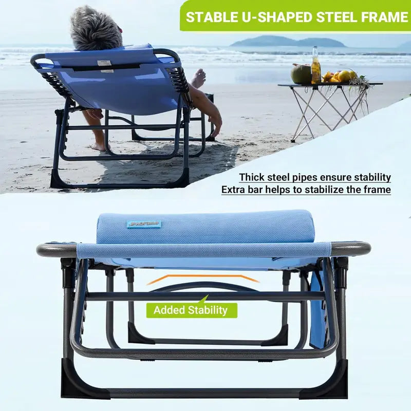 2-Pack Portable Folding Chaise Lounge ¨C 5-Position Recline. Side Table. Shoulder Strap & Pillow for Beach. Lawn or Camping