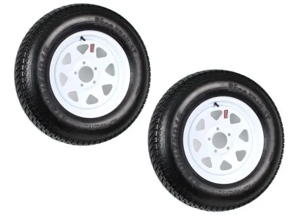 2-Pack ST205/75D15 Trailer Tires on White-Spoke Rims ¨C LRC Rated. 5-Hole Mounting. 205/75-15 Size