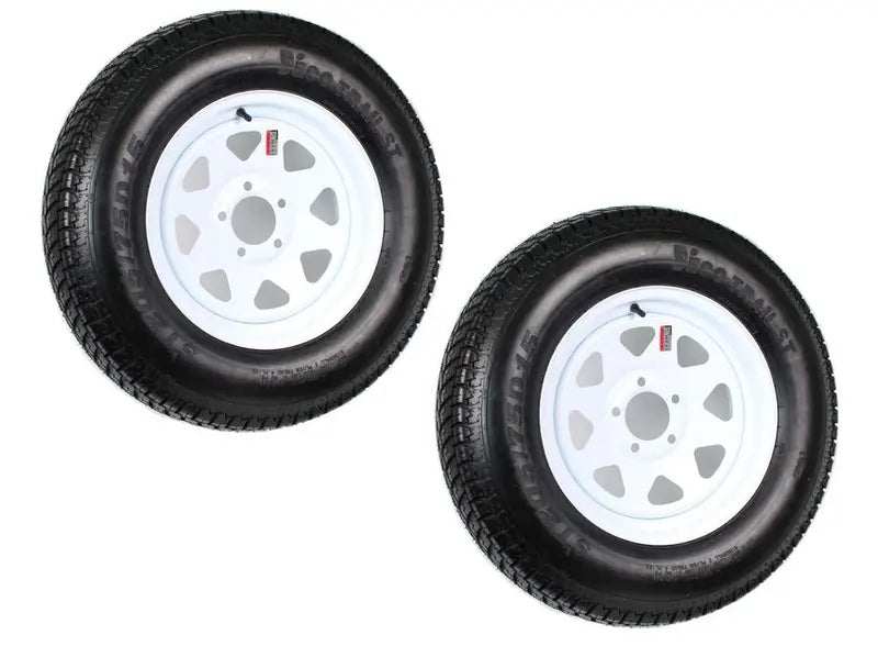 2-Pack ST205/75D15 Trailer Tires on White-Spoke Rims ¨C LRC Rated. 5-Hole Mounting. 205/75-15 Size
