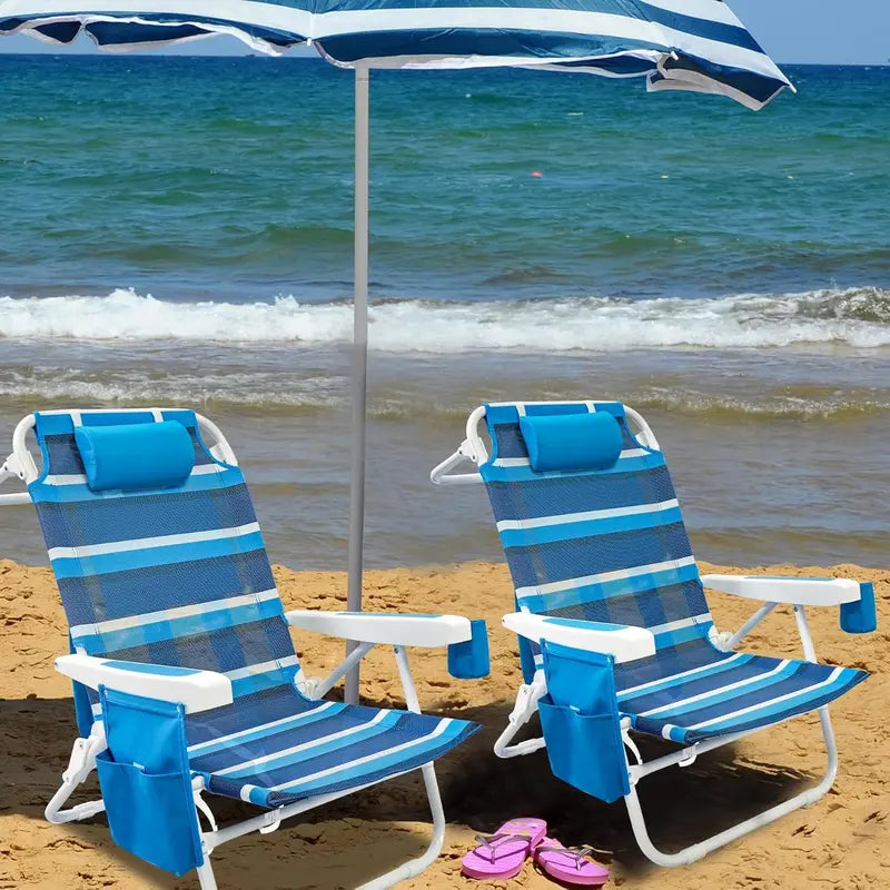 2-Pack Textilene Folding Beach Chair ¨C 5-Position Recline. Backpack Straps. Cooler Bag & Cup Holder for Outdoor Use