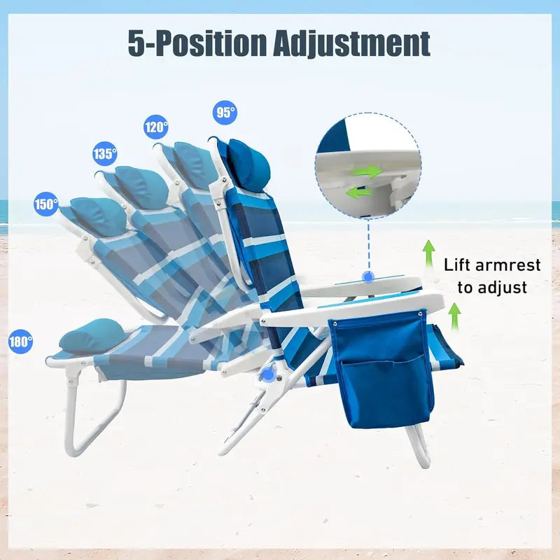 2-Pack Textilene Folding Beach Chair ¨C 5-Position Recline. Backpack Straps. Cooler Bag & Cup Holder for Outdoor Use