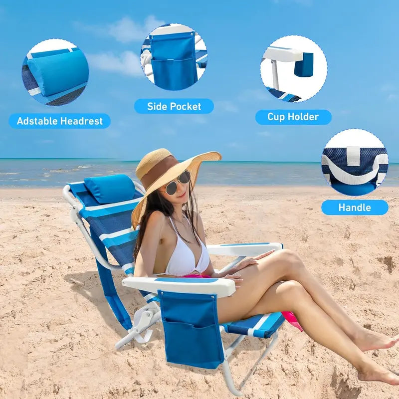 2-Pack Textilene Folding Beach Chair ¨C 5-Position Recline. Backpack Straps. Cooler Bag & Cup Holder for Outdoor Use