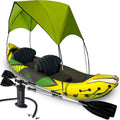 2-Person Inflatable Kayak with Removable Sun Canopy – Includes Dog/Child Seat. Waterproof Phone Pouches. Adjustable Backrests. and 2024 Upgrades (Yellow-Green)
