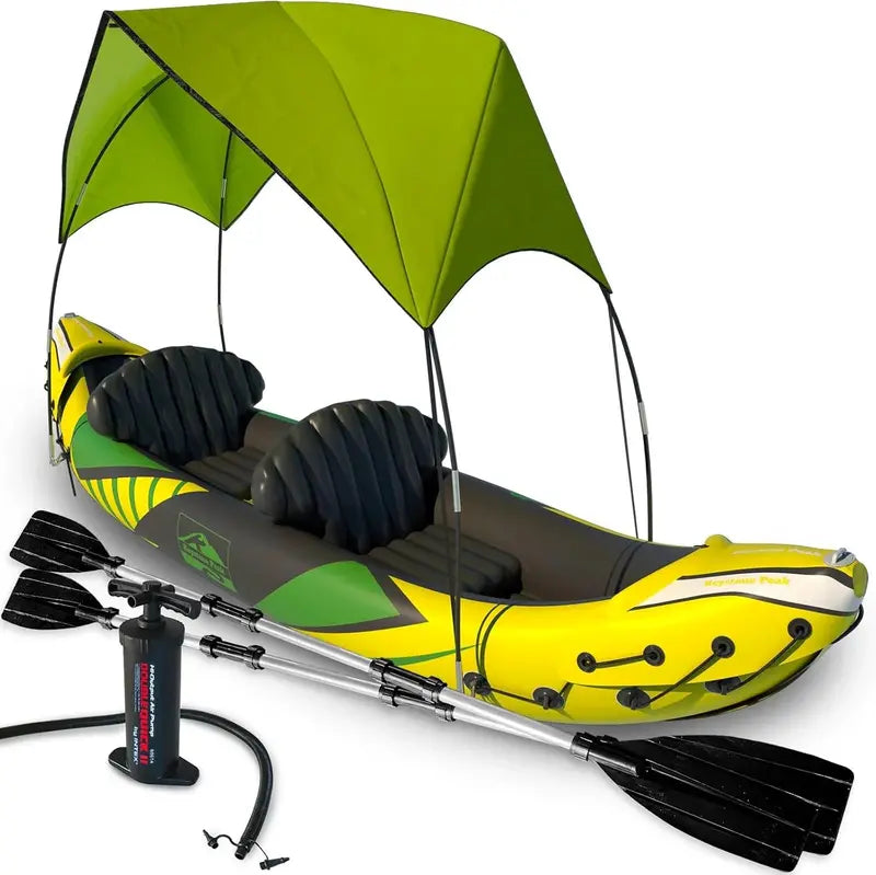 2-Person Inflatable Kayak with Removable Sun Canopy – Includes Dog/Child Seat. Waterproof Phone Pouches. Adjustable Backrests. and 2024 Upgrades (Yellow-Green)