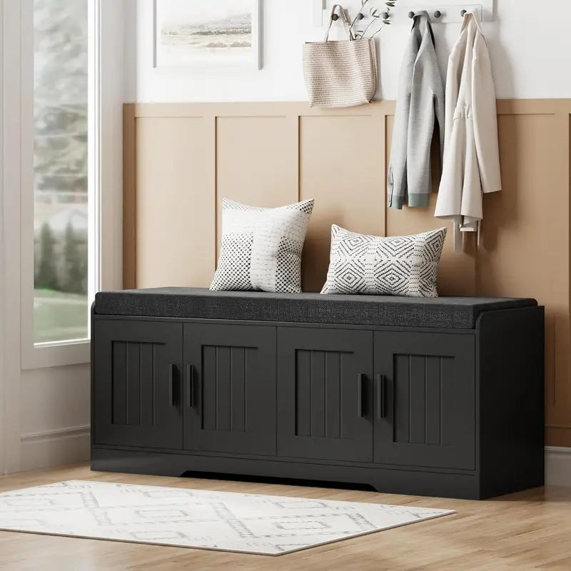 2-Tier Entryway Shoe Bench ¨C Padded Seat. Four-Cabinet Design with Adjustable Interior Shelf