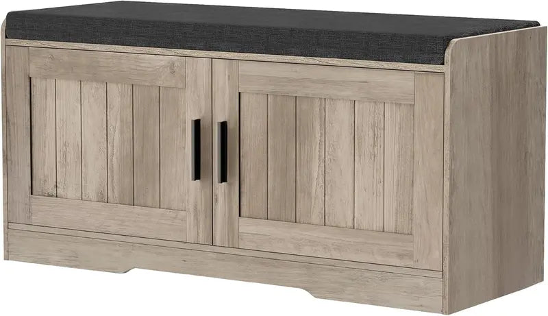 2-Tier Entryway Shoe Bench ¨C Padded Seat. Four-Cabinet Design with Adjustable Interior Shelf