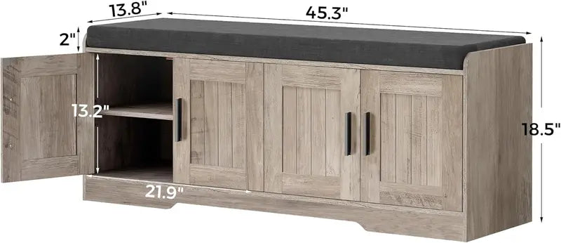 2-Tier Entryway Shoe Bench ¨C Padded Seat. Four-Cabinet Design with Adjustable Interior Shelf