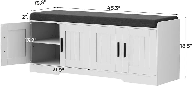2-Tier Entryway Shoe Bench ¨C Padded Seat. Four-Cabinet Design with Adjustable Interior Shelf