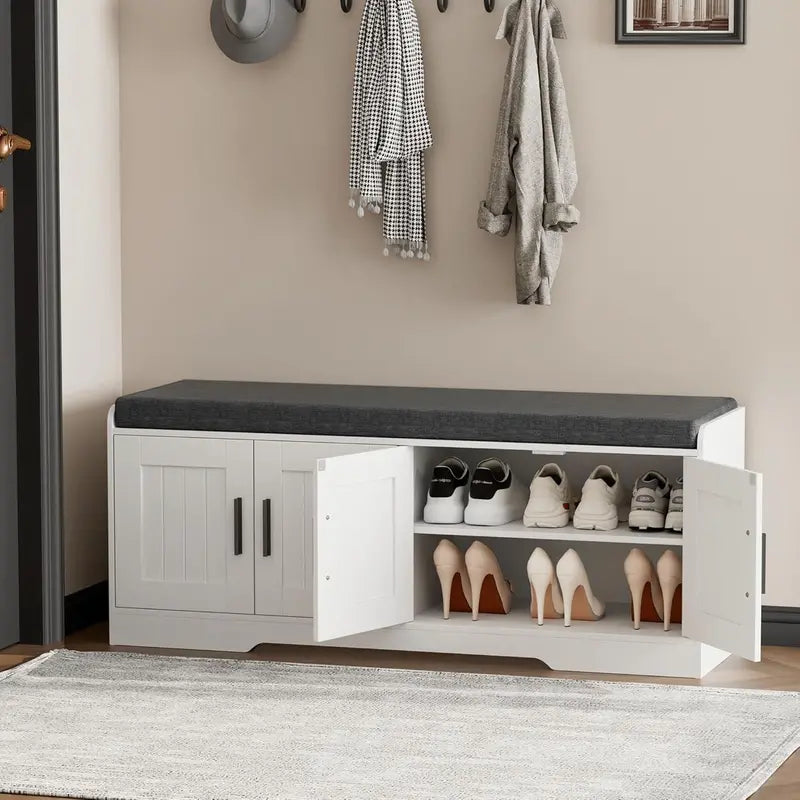 2-Tier Entryway Shoe Bench ¨C Padded Seat. Four-Cabinet Design with Adjustable Interior Shelf