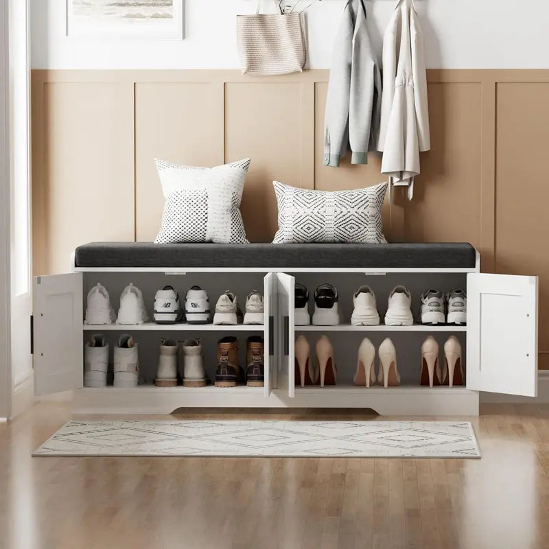 2-Tier Entryway Shoe Bench ¨C Padded Seat. Four-Cabinet Design with Adjustable Interior Shelf