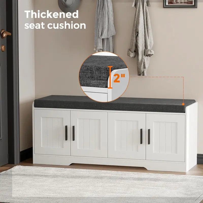 2-Tier Entryway Shoe Bench ¨C Padded Seat. Four-Cabinet Design with Adjustable Interior Shelf