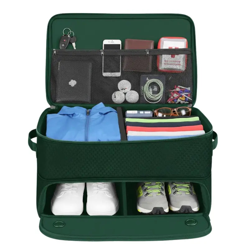 2-Tier Vehicle Storage Organizer with Dedicated Shoe Compartment for Trunk