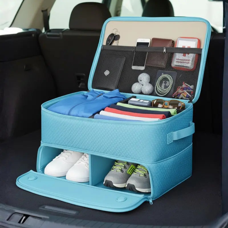 2-Tier Vehicle Storage Organizer with Dedicated Shoe Compartment for Trunk