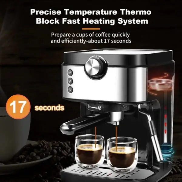 20-Bar Espresso Machine with Milk Frother ¨C Automatic Volume Control. 900ml Tank. 1700W Italian Pump. Black Stainless Finish