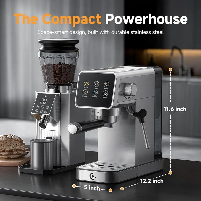20-Bar LED Touchscreen Espresso Machine with Auto-Cleaning &amp; Integrated Milk Frother for Cappuccinos and Lattes