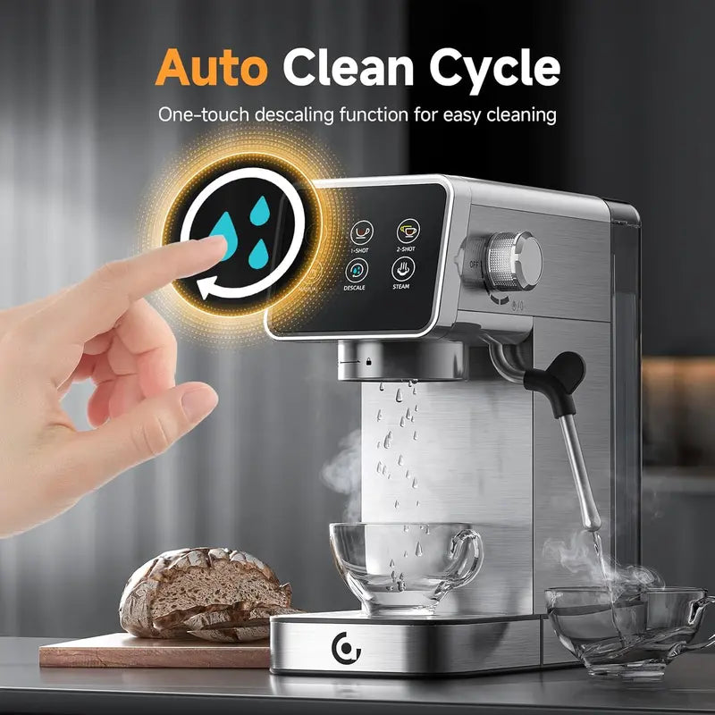 20-Bar LED Touchscreen Espresso Machine with Auto-Cleaning &amp; Integrated Milk Frother for Cappuccinos and Lattes
