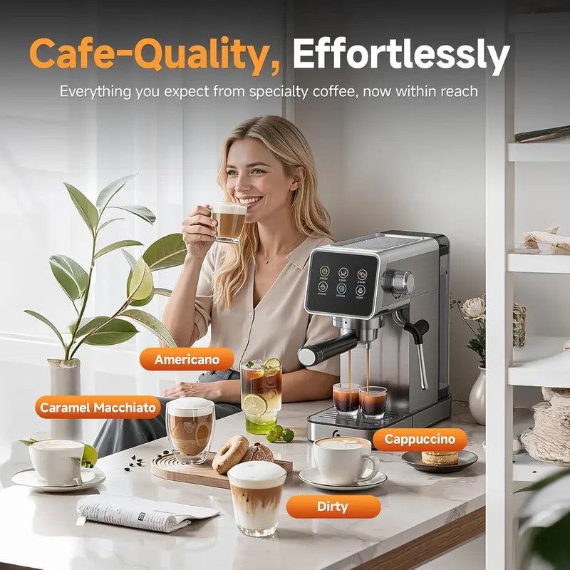 20-Bar LED Touchscreen Espresso Machine with Auto-Cleaning &amp; Integrated Milk Frother for Cappuccinos and Lattes