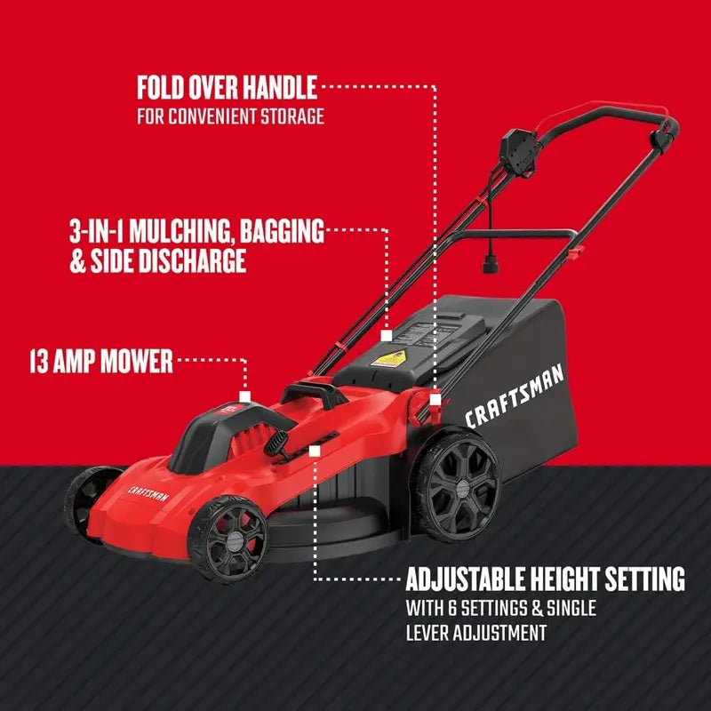20-Inch Corded Electric Lawn Mower ¡ª 13-Ah Motor. Red Finish