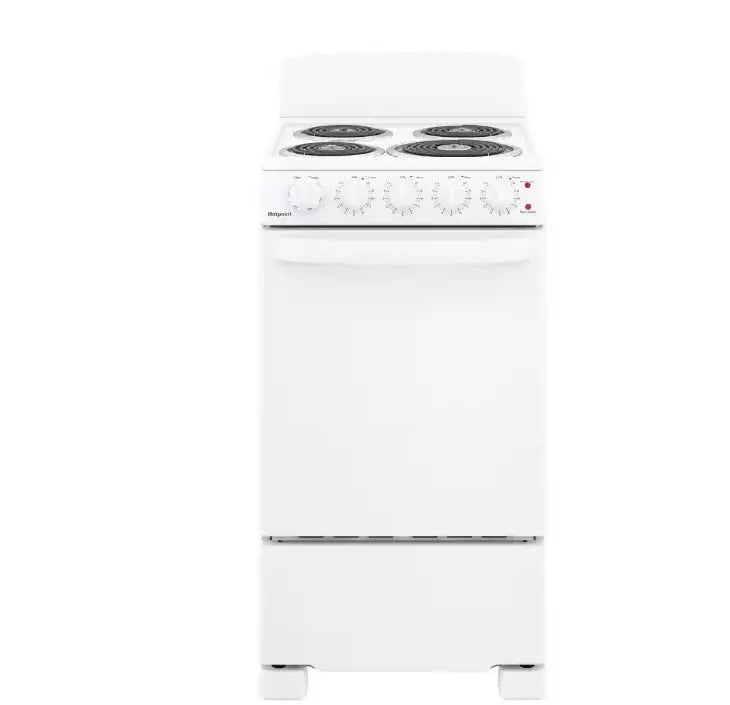 20-Inch Freestanding Electric Oven ¨C Four-Zone Cooktop. White Appliance. Compact Kitchen Range