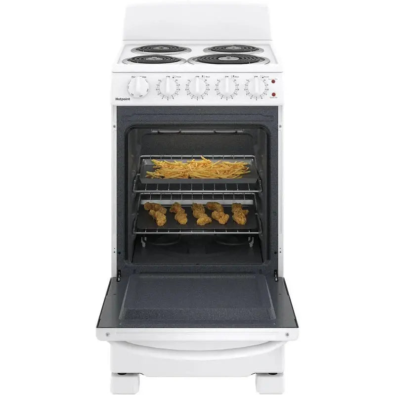 20-Inch Freestanding Electric Oven ¨C Four-Zone Cooktop. White Appliance. Compact Kitchen Range