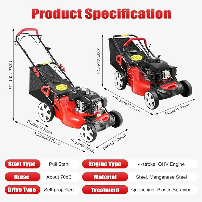 20-Inch Self-Propelled Gas Lawn Mower with 140cc OHV Engine ¨C 3-in-1 Cutting. Adjustable Height for Municipal &amp; Large-Scale Landscaping