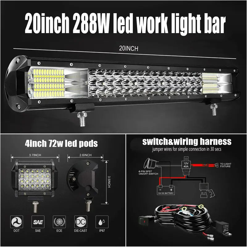 20-Inch Triple-Row LED Light Bar + 4x 72W LED Pods ¨C Waterproof Spot/Flood Combo for Off-Road Vehicles &amp; Equipment