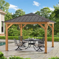 Sunjoy Hardtop Gazebo 11 x 11 ft. Cedar Framed Wood Gazebo with Brown Steel and Polycarbonate Hip Roof Hardtop for Garden. Backyard Shade