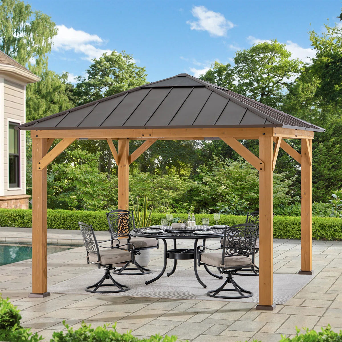 Sunjoy Hardtop Gazebo 11 x 11 ft. Cedar Framed Wood Gazebo with Brown Steel and Polycarbonate Hip Roof Hardtop for Garden. Backyard Shade