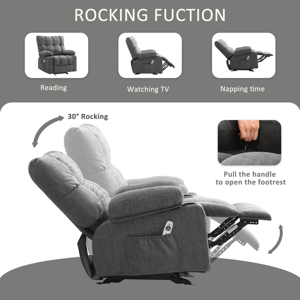 JONPONY Manual Recliner Chair with Heat Therapy and Massage Function. Heavy Duty Reclining Mechanism Massage Chair. Elderly Single Rocker Sofa with Cup Holders for Bedroom Home Theater. Grey
