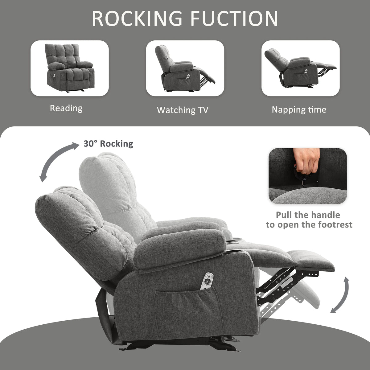 JONPONY Manual Recliner Chair with Heat Therapy and Massage Function. Heavy Duty Reclining Mechanism Massage Chair. Elderly Single Rocker Sofa with Cup Holders for Bedroom Home Theater. Grey