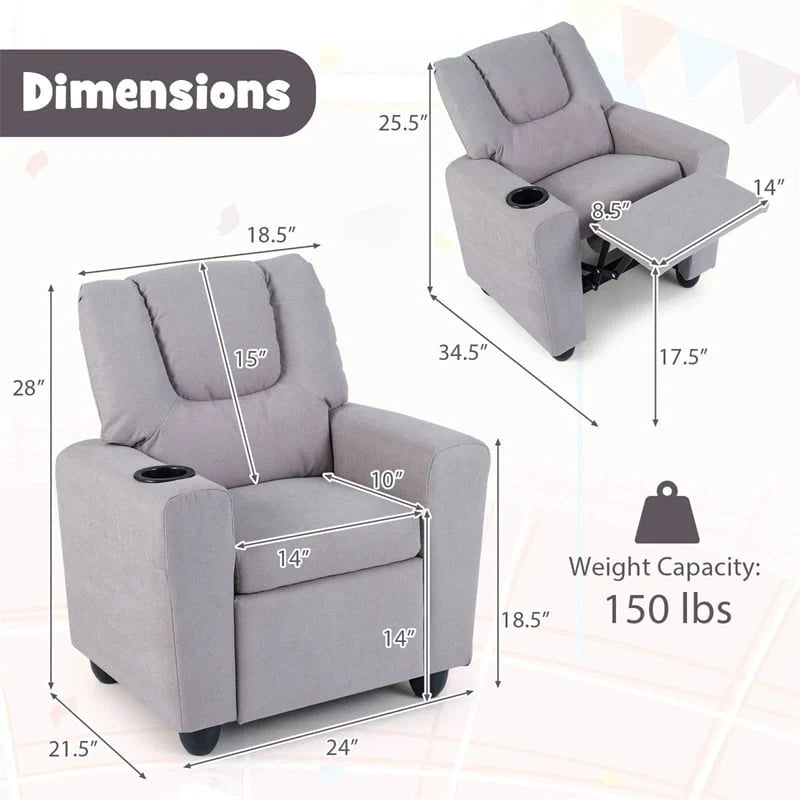 Kids Recliner Chair with Cup Holder & Side Pocket. Adjustable Toddler Lounge Sofa. Ergonomic Children Armchairs for Boys Girls Age 3+. 150lbs