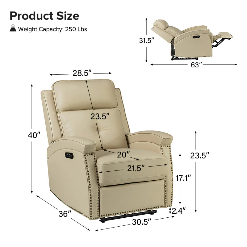 Stefan Genuine Leather Power Recliner with Nailhead Trim