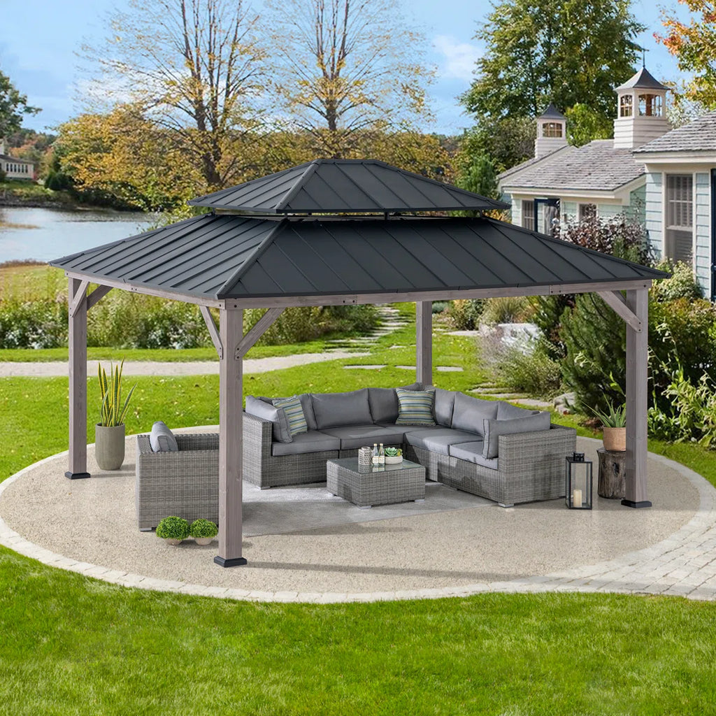 Sunjoy 13 x 15 ft. Wood Gazebo. Outdoor Patio Steel Hardtop Gazebo. Cedar Framed Wooden Gazebo with 2-Tier Metal Roof. Suitable for Patios. Lawn and Backyard