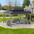 Sunjoy 13 x 15 ft. Wood Gazebo. Outdoor Patio Steel Hardtop Gazebo. Cedar Framed Wooden Gazebo with 2-Tier Metal Roof. Suitable for Patios. Lawn and Backyard